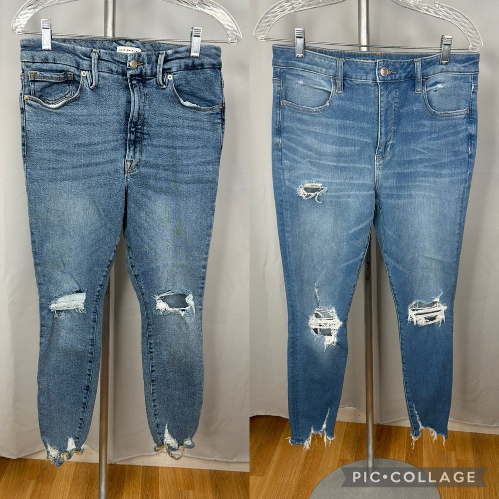 Lot of 2  Good American / American Eagle Blue Jeans Jeggings Distressed Sz 10